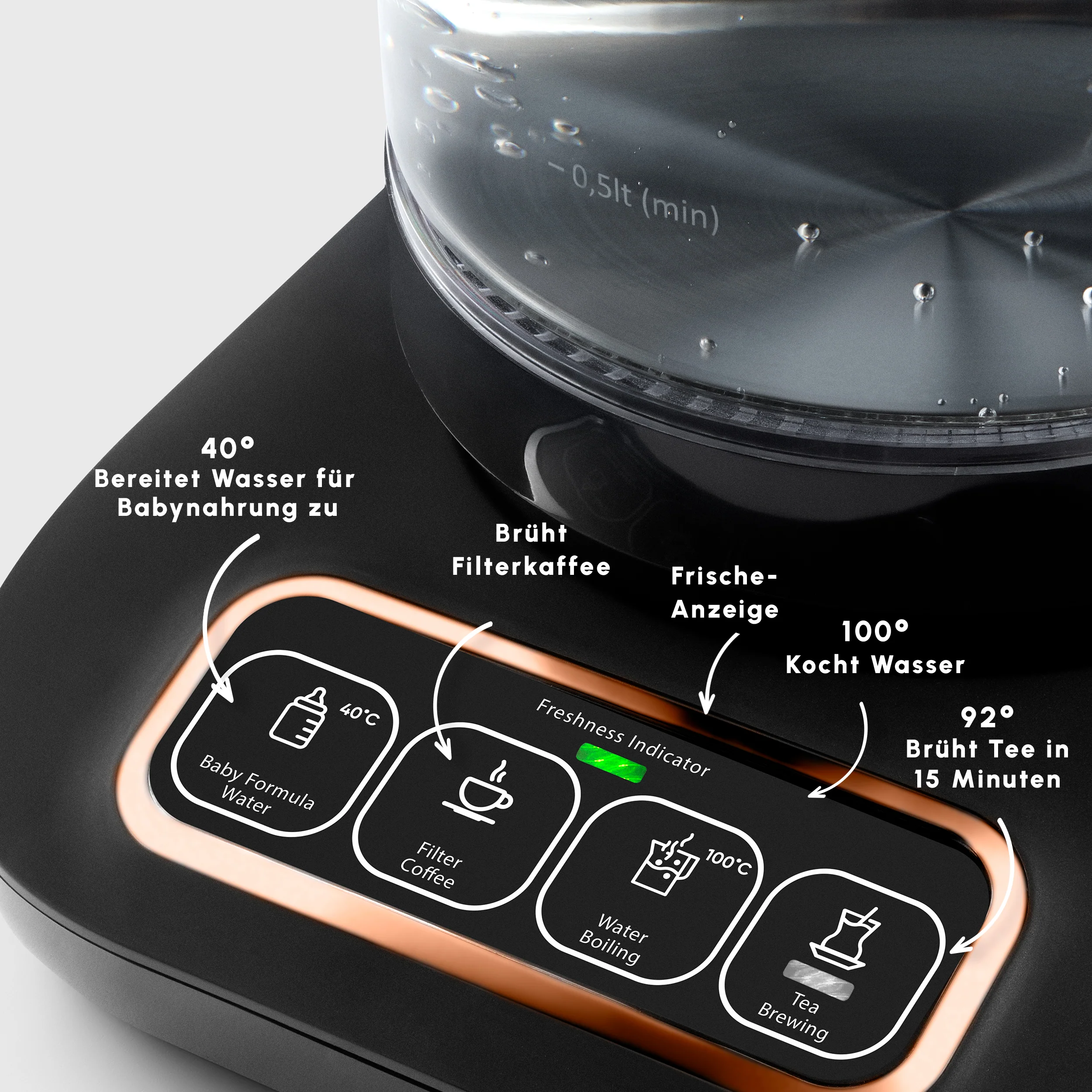Karaca Çaysever Robotea Pro 4 in 1 Sprechende Automatische Glas-Teemaschine, Wasserkocher und Filterkaffeemaschine 2500W Schwarz Kupfer - Image 5
