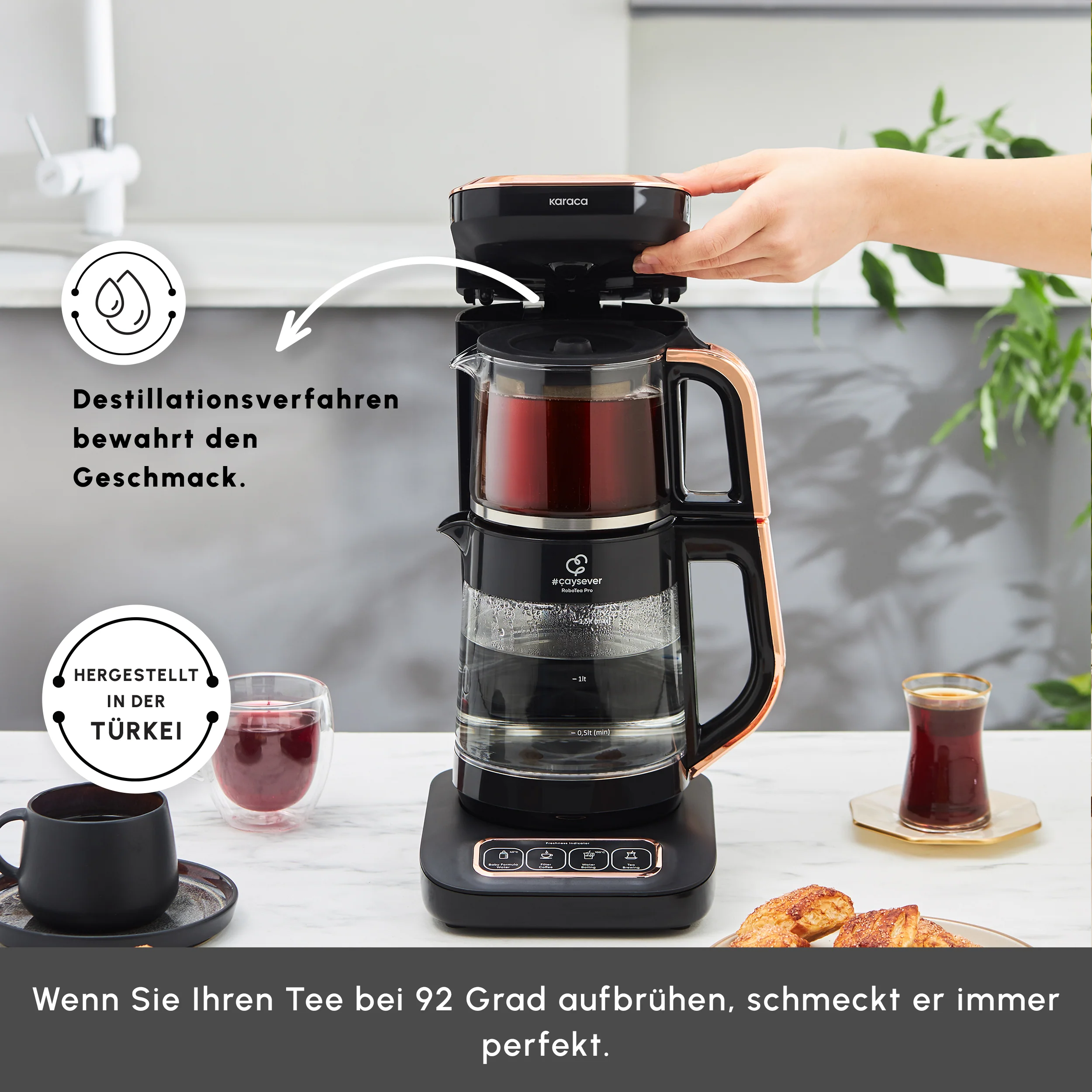 Karaca Çaysever Robotea Pro 4 in 1 Sprechende Automatische Glas-Teemaschine, Wasserkocher und Filterkaffeemaschine 2500W Schwarz Kupfer - Image 6
