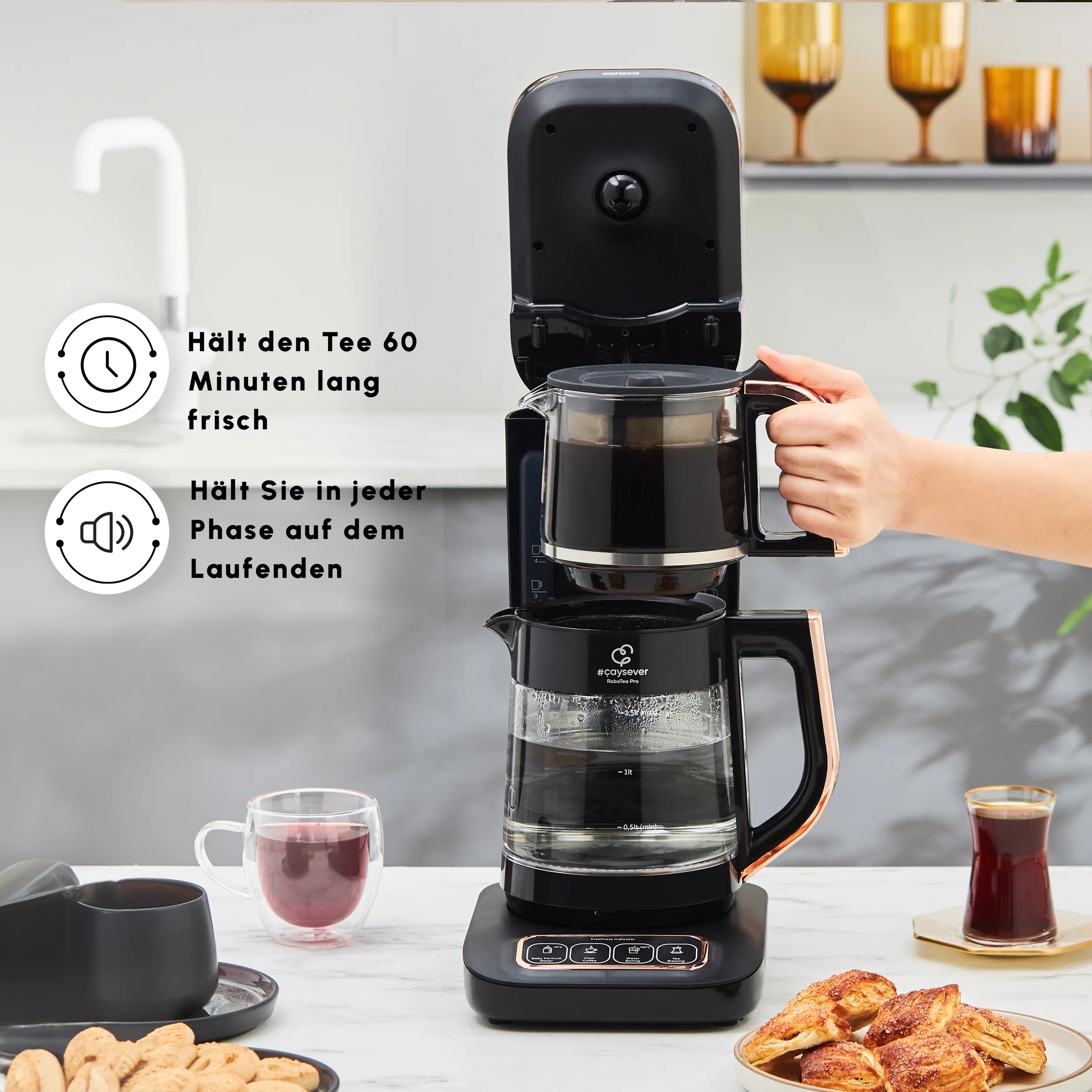 Karaca Çaysever Robotea Pro 4 in 1 Sprechende Automatische Glas-Teemaschine, Wasserkocher und Filterkaffeemaschine 2500W Schwarz Kupfer - Image 7