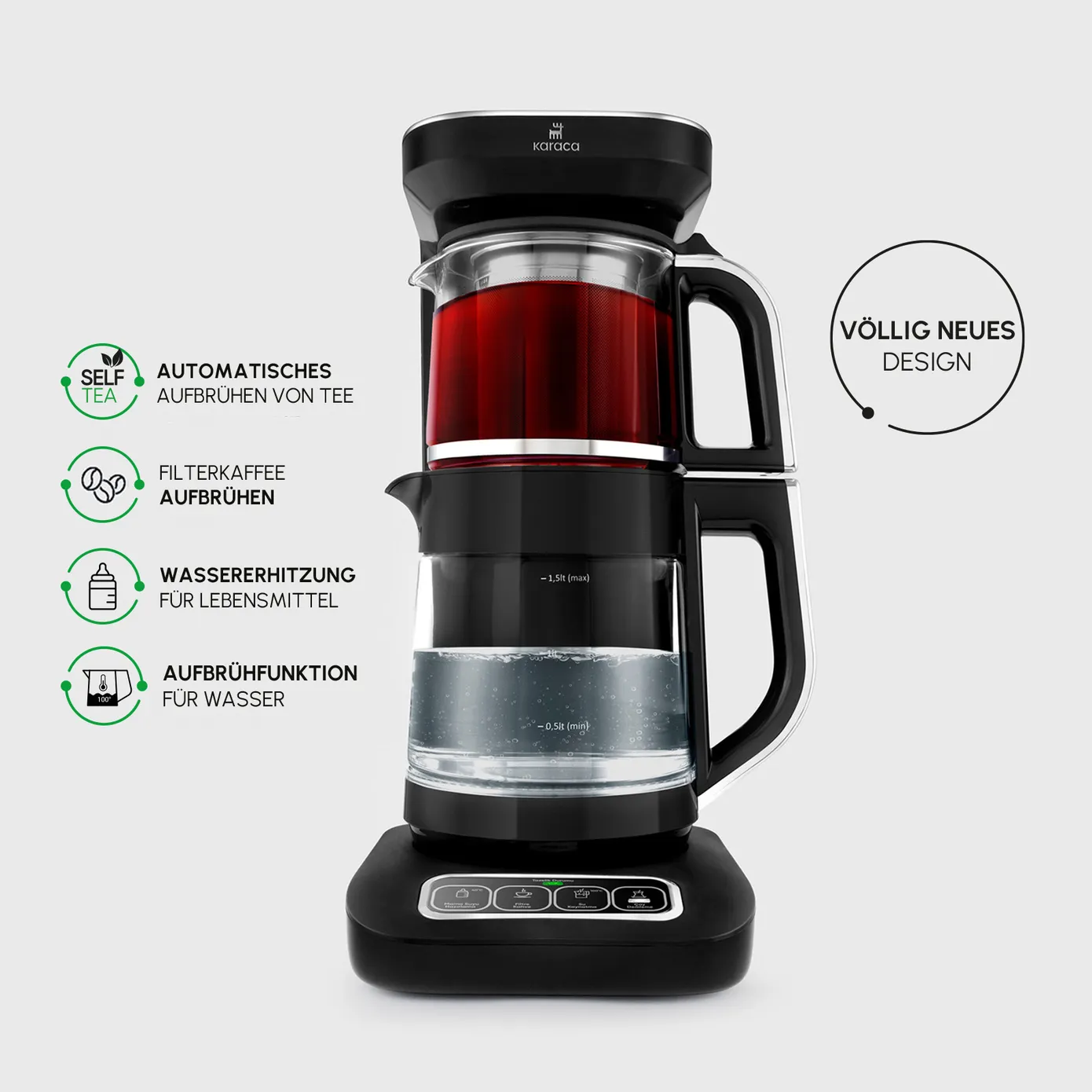 Karaca Çaysever Robotea Pro 4 in 1 Sprechende Automatische Glas-Teemaschine, Wasserkocher und Filterkaffeemaschine, Schwarz Chrom, 2500W - Image 2