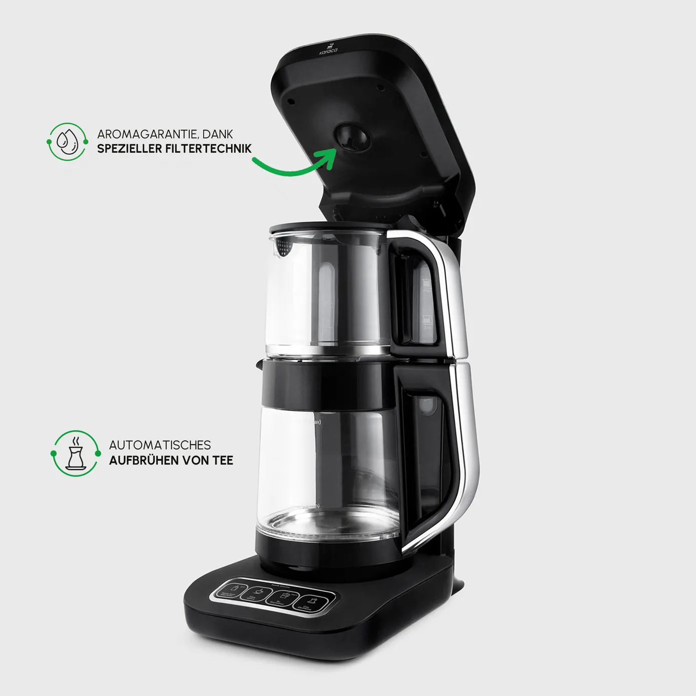 Karaca Çaysever Robotea Pro 4 in 1 Sprechende Automatische Glas-Teemaschine, Wasserkocher und Filterkaffeemaschine, Schwarz Chrom, 2500W - Image 3