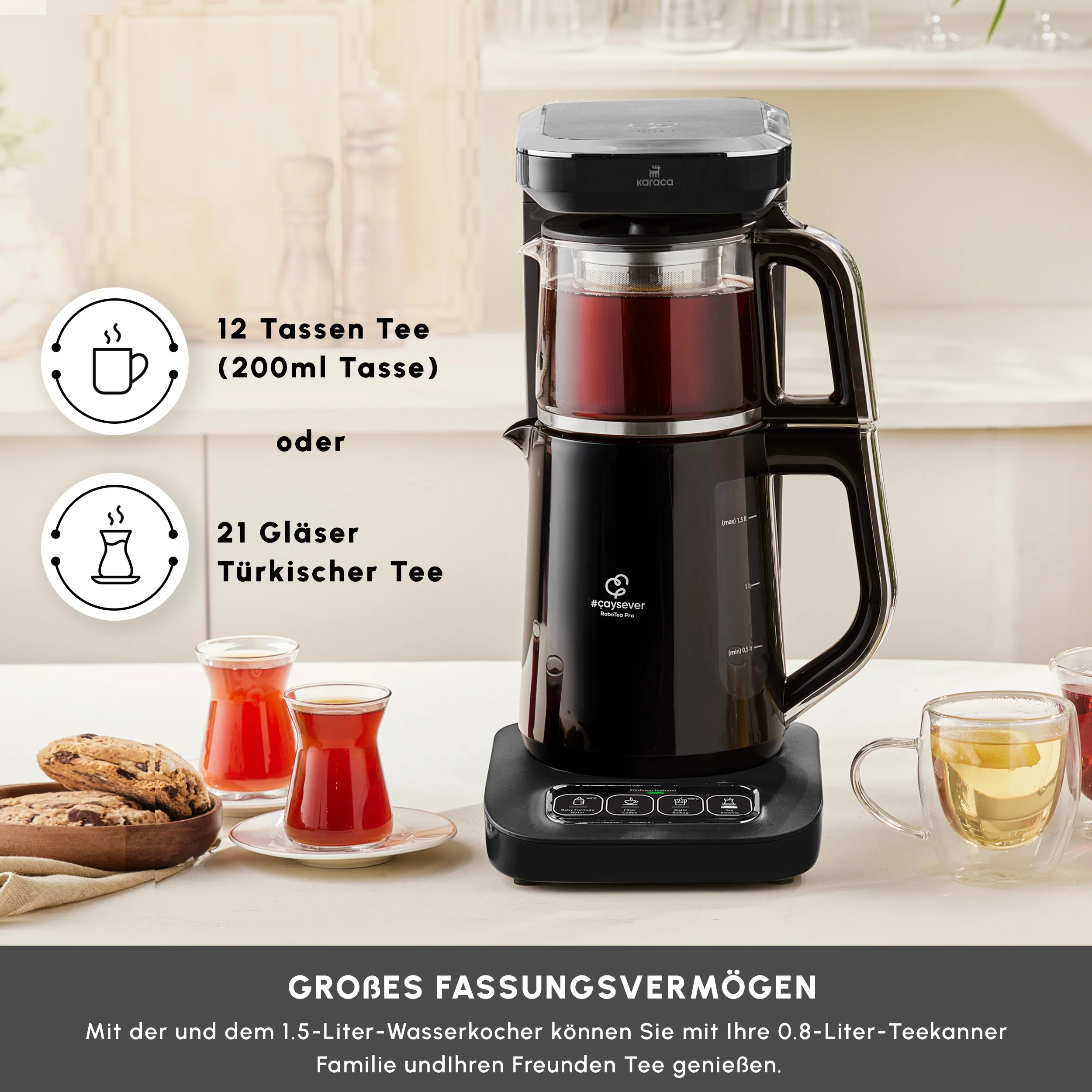 Karaca Caysever Robotea Pro 4 in 1 sprechender automatischer Teekocher Wasserkocher und Filterkaffeemaschine 2500W Chrome - Image 3