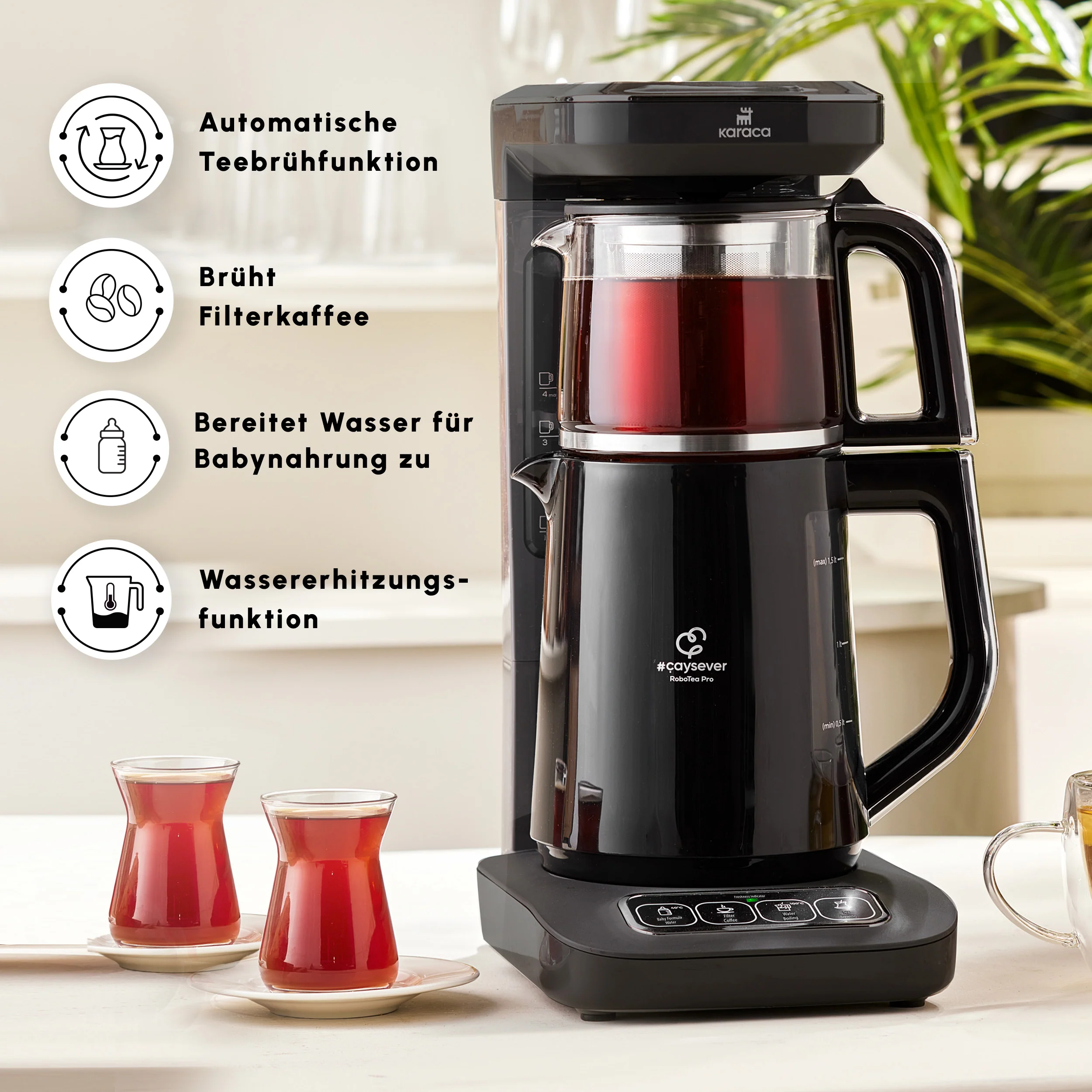 Karaca Caysever Robotea Pro 4 in 1 sprechender automatischer Teekocher Wasserkocher und Filterkaffeemaschine 2500W Chrome - Image 4