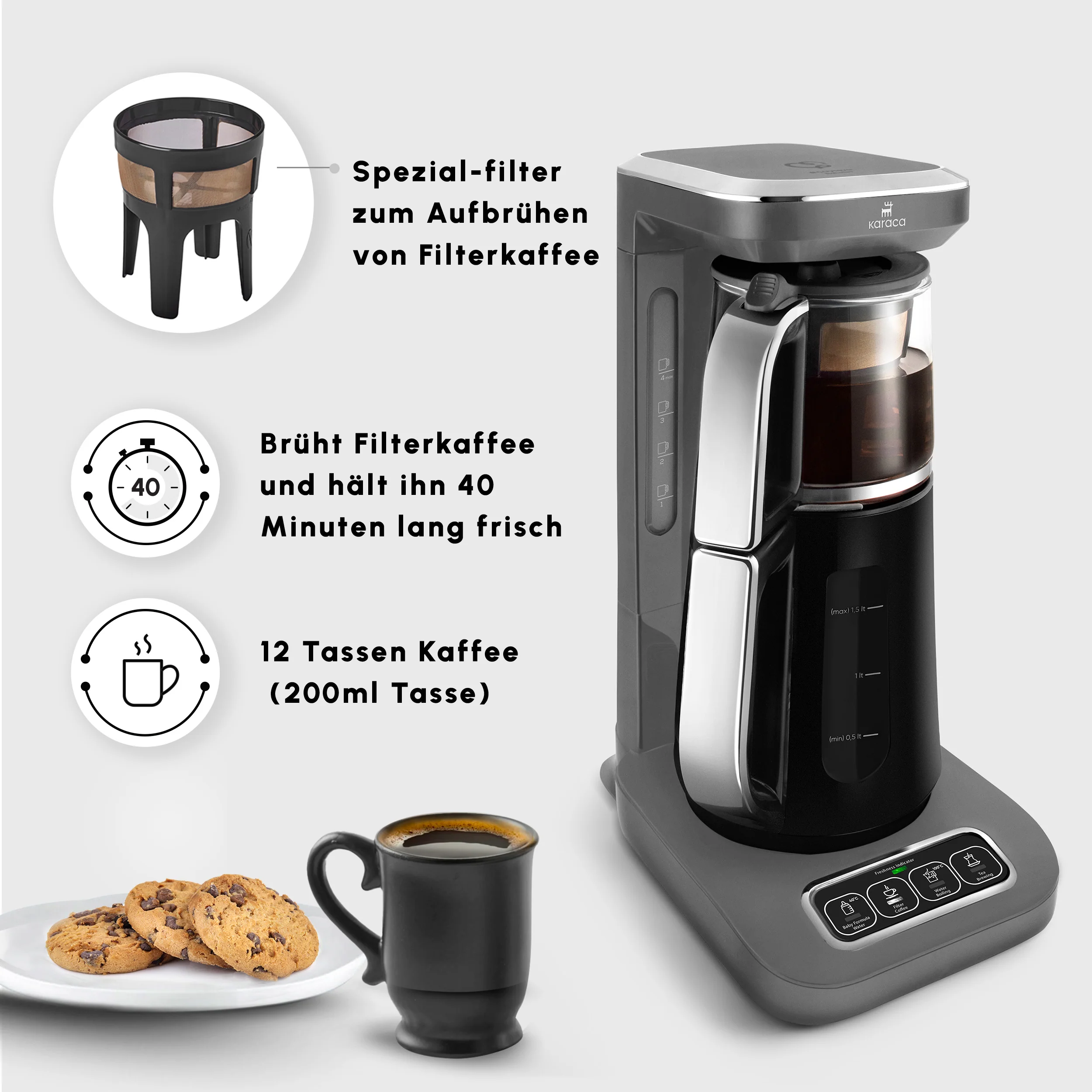 Karaca Caysever Robotea Pro 4 in 1 sprechender automatischer Teekocher Wasserkocher und Filterkaffeemaschine 2500W Space Grau - Image 8