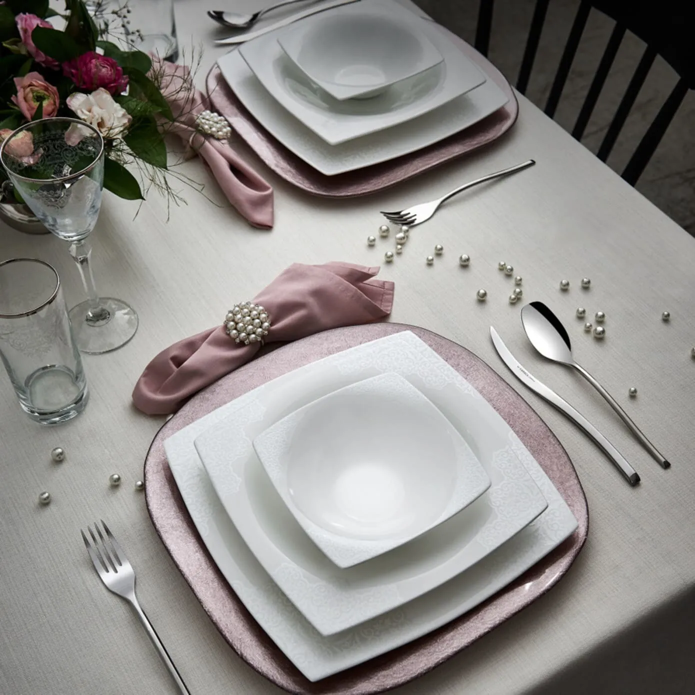 Karaca Fine Pearl Valentina 62 Pieces Pearl Dinnerware Square, Service for 12 - Image 2