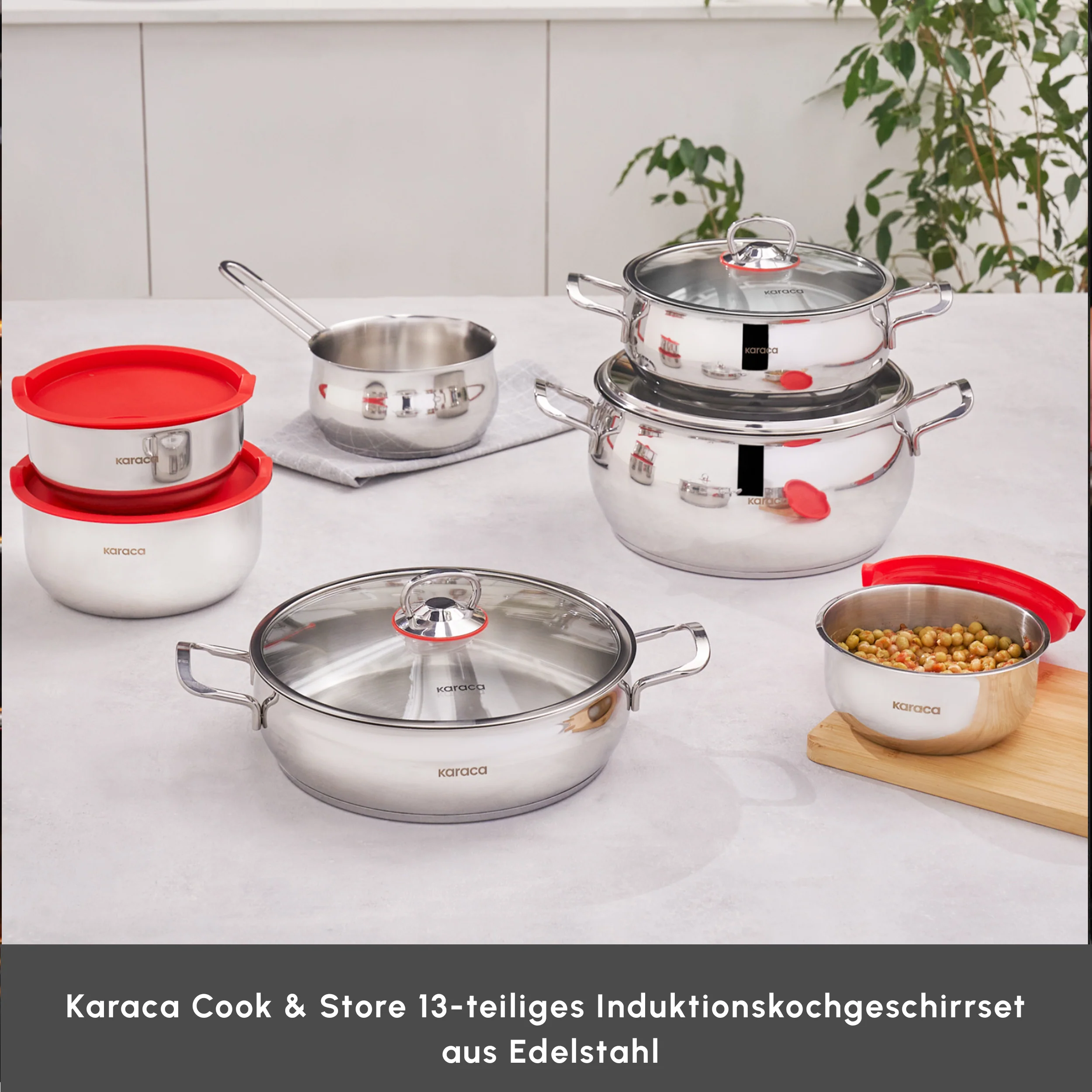 Karaca Induktions Stahl Kochgeschirr Set mit Gratis Vorratsbehälter, 13 Teilig - Image 3