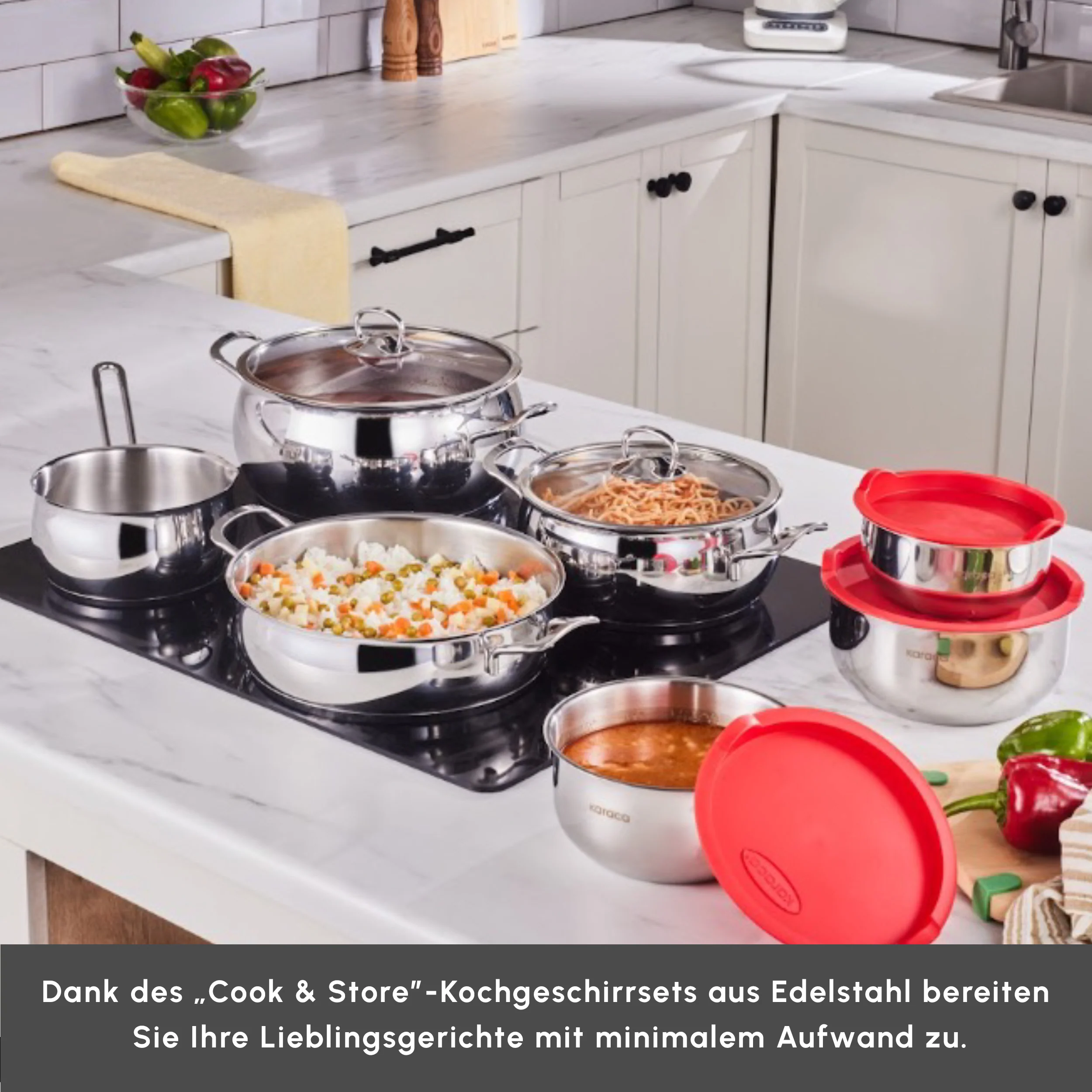 Karaca Induktions Stahl Kochgeschirr Set mit Gratis Vorratsbehälter, 13 Teilig - Image 4